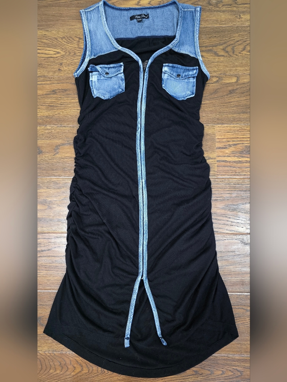 FOXY JEANS Sleeveless Black Dress with Denim Trim. Full Front Zip. Ruched Sides.